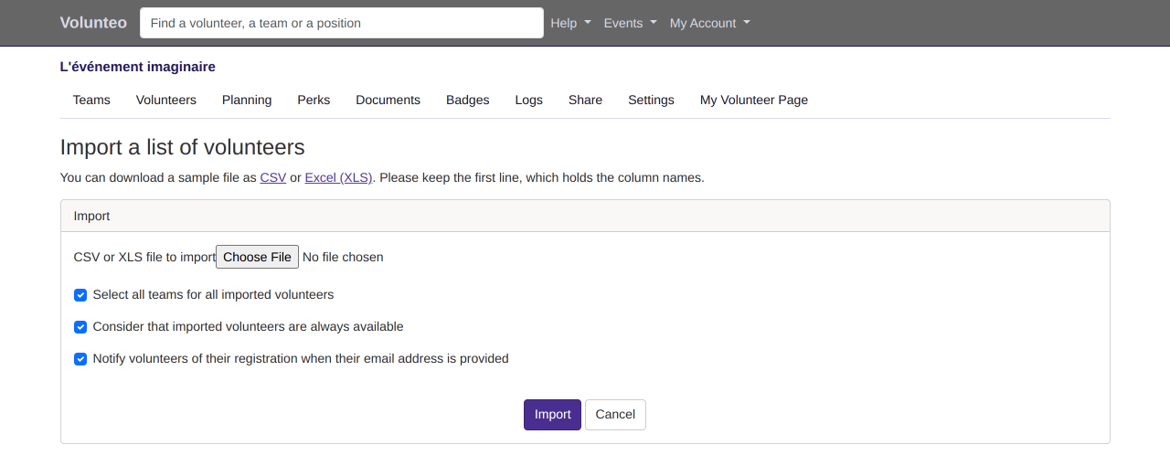 The volunteer import screen: the file to upload, the template to download, and the three options applied to imported volunteers.